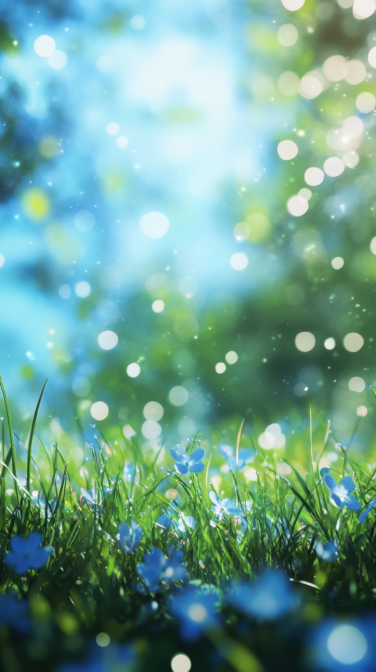Bright spring morning with dewdrops sparkling on vibrant green grass and delicate blue flowers in a sunlit garden